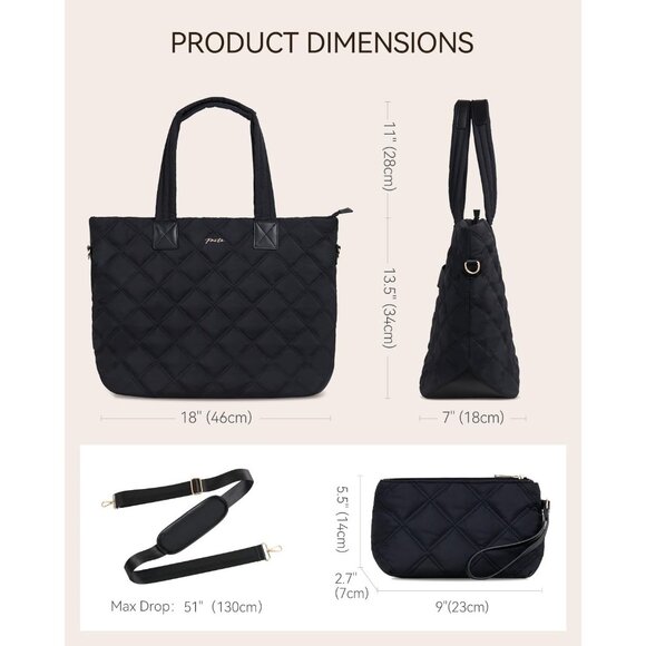 Prite Women Black Polyester Compartment Quilted Puffer Shoulder Tote Work Bag - Picture 5 of 7